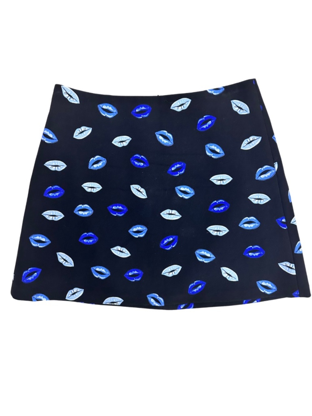 Zara Black & Blue Lip Print Mini Skirt SZ Small Blogger Favorite Preppy EUC